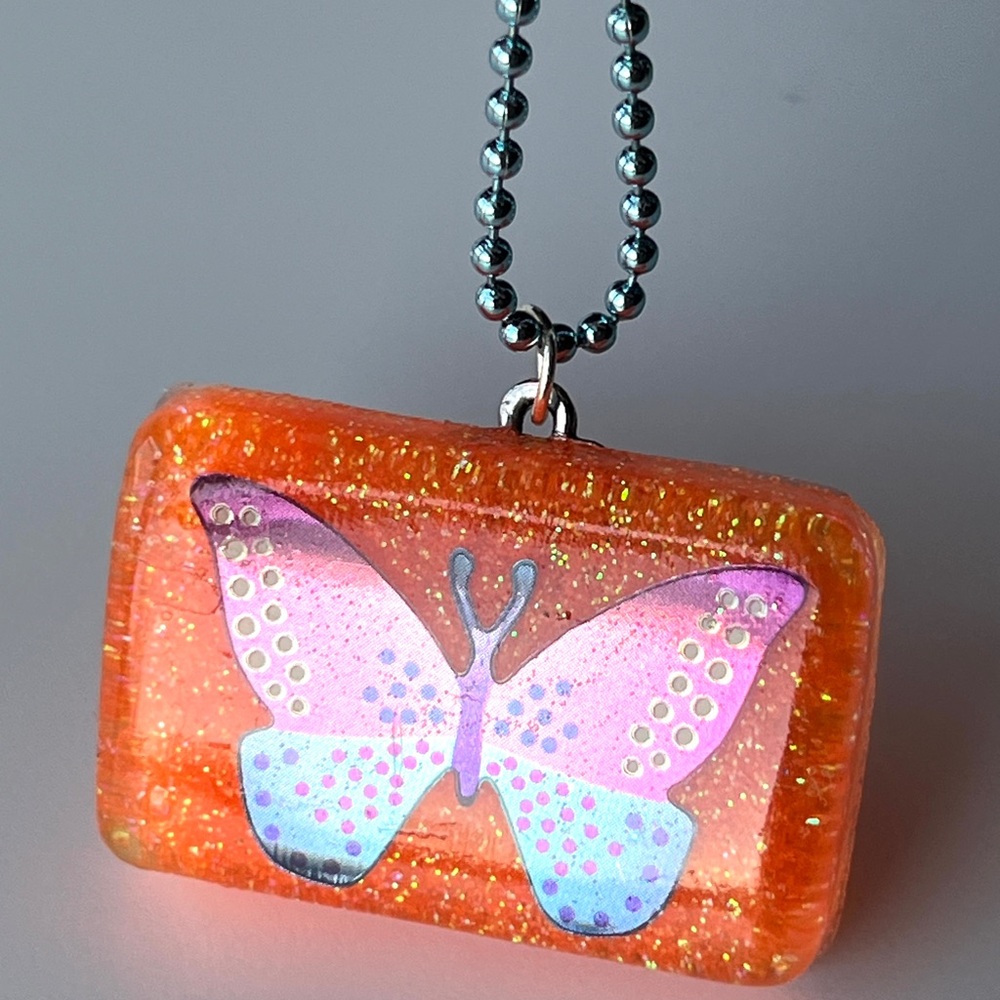 Orange Butterfly Pendant Resin Necklace